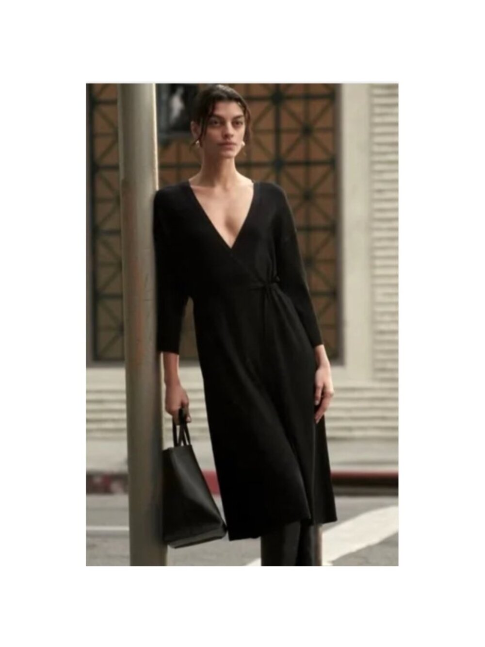 Everlane The Ribbed Wrap Midi Dress Womens M Black Viscose 3/4 Sleeve